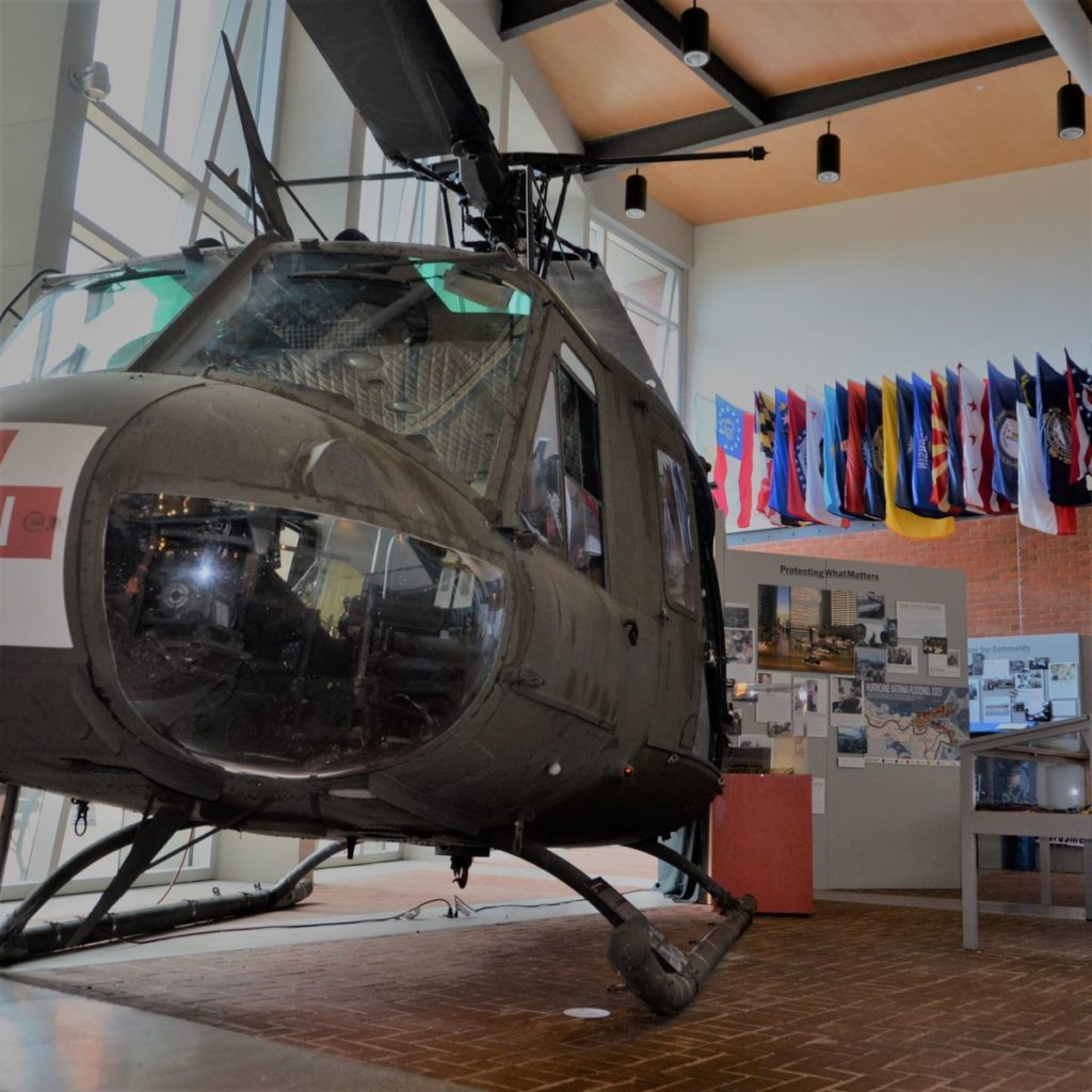 Huey helicopter in Disaster Response  Exhibit at Jackson Barracks Museum.