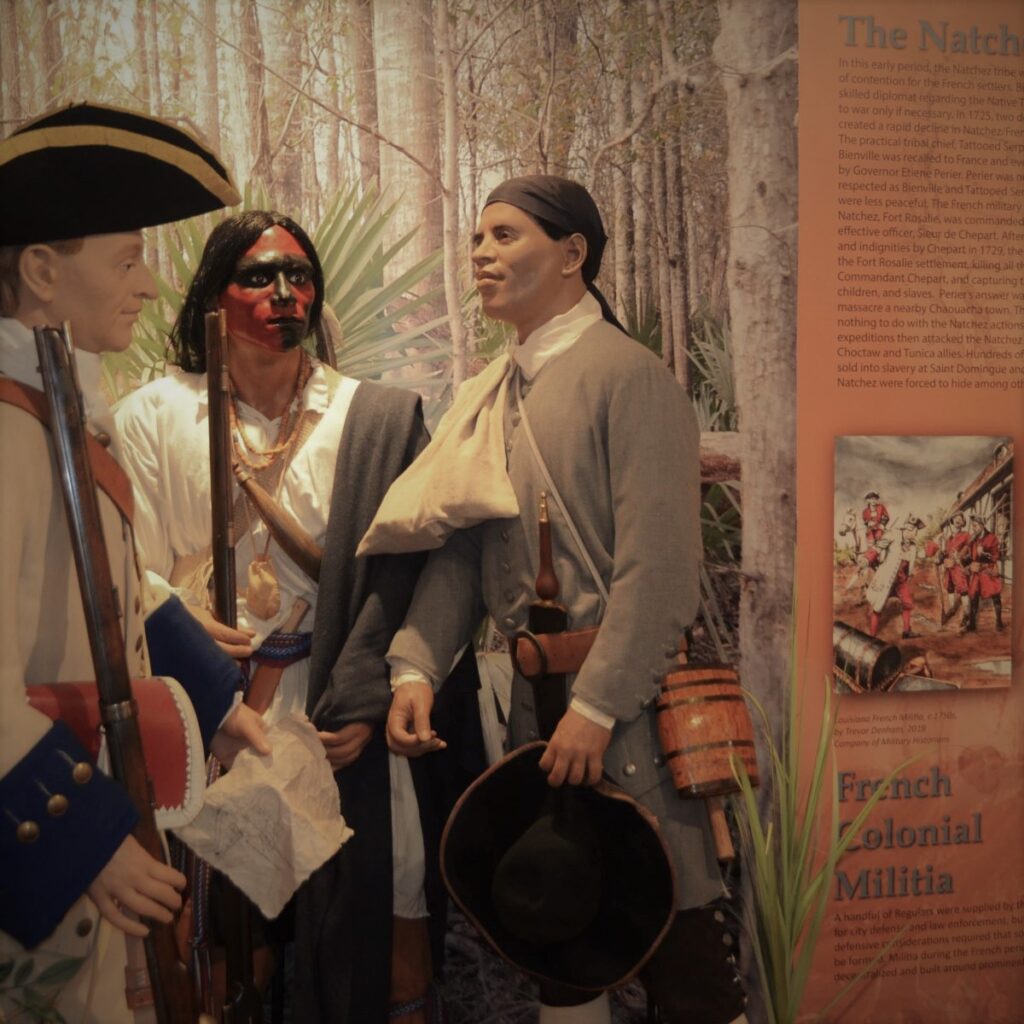 French, Choctaw and Enslaved Soldiers during 1729 Natchez War in the Path to Statehood Exhibit at Jackson Barracks Museum